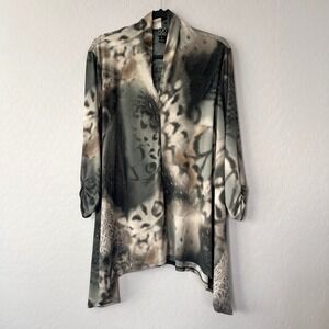 Clara Sun Woo Gray Tan Artsy Abstract Print Drape Top XL Made in USA